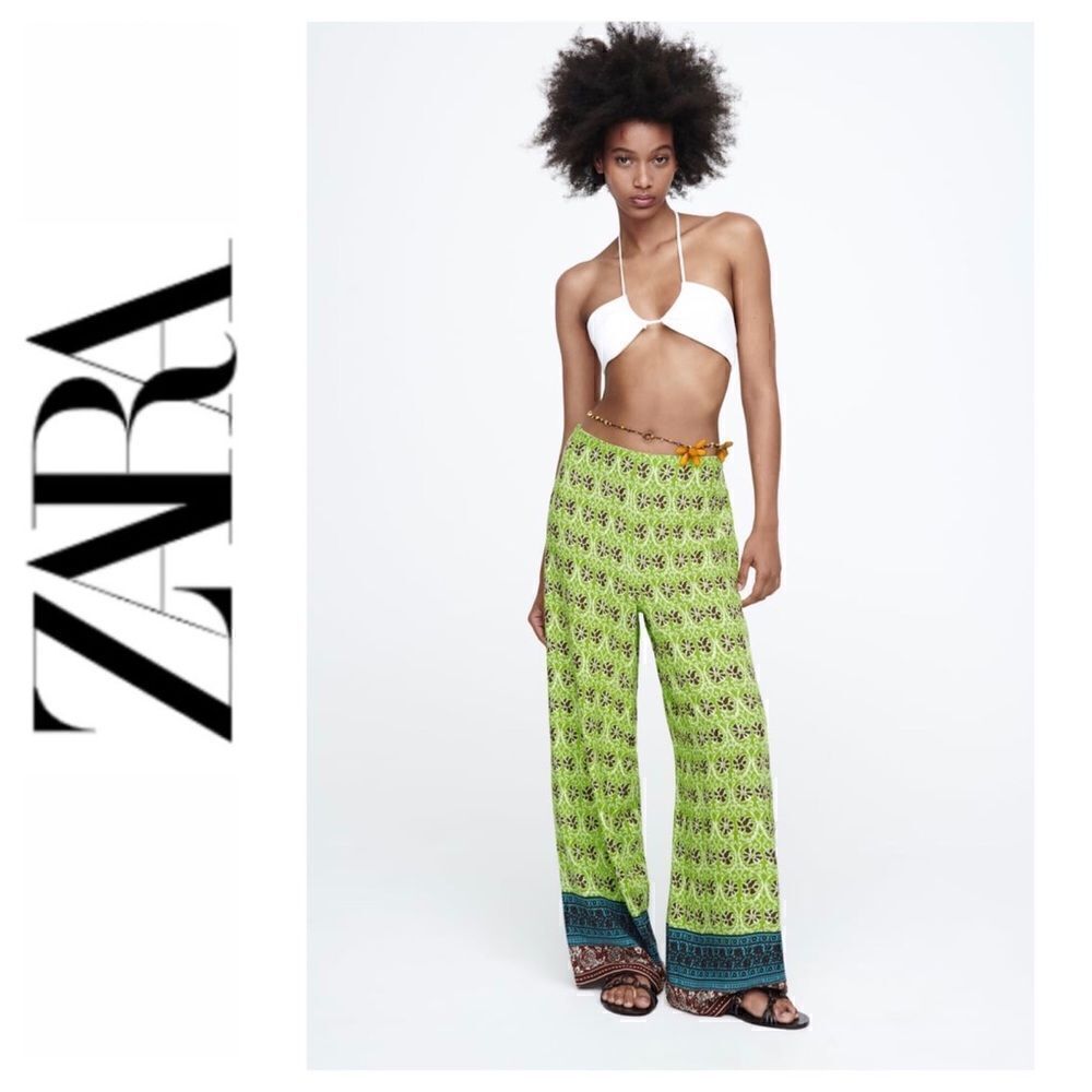NWT Zara Full Length Printed Flowing High Waist Wide Leg Pull On Trousers Large